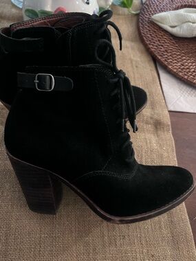Lucky Brand Black Suede Lace-Up Ankle Boots with Buckle